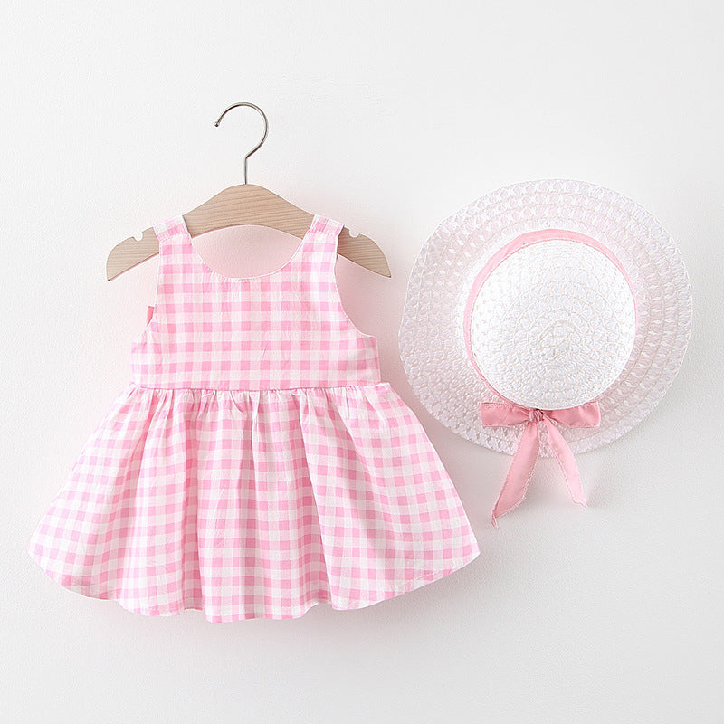 Baby Girl Plaid Skirt with  Straw Hat
