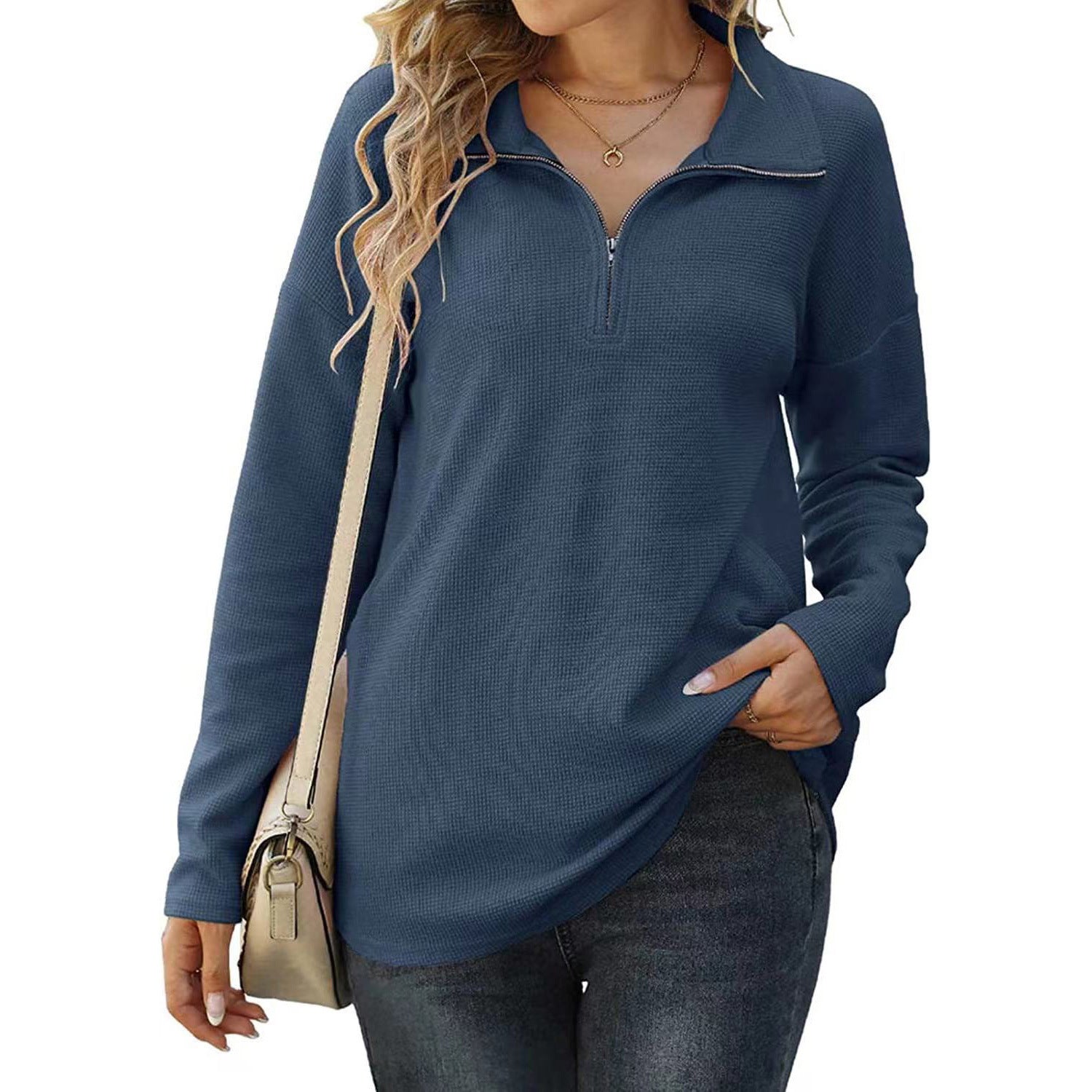 New Women's Loose Zip Pocket Knitwear Long Sleeve T-shirt Top