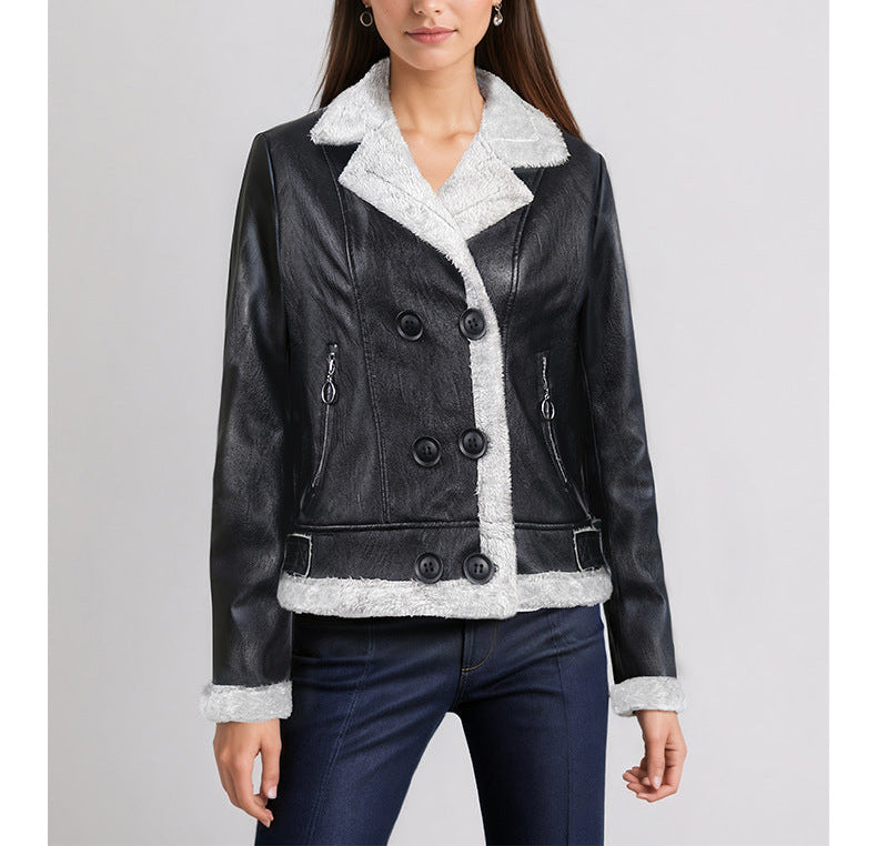 Fleece Padded Women's Leather Coat