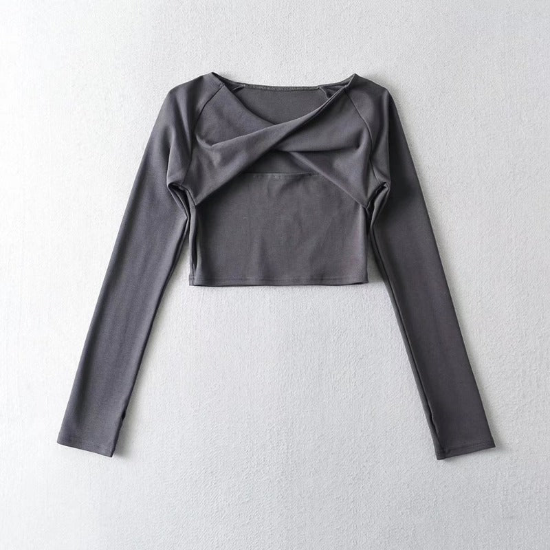 Long Sleeve Slim Fit Women's T-Shirt Cross Knotted Neckline