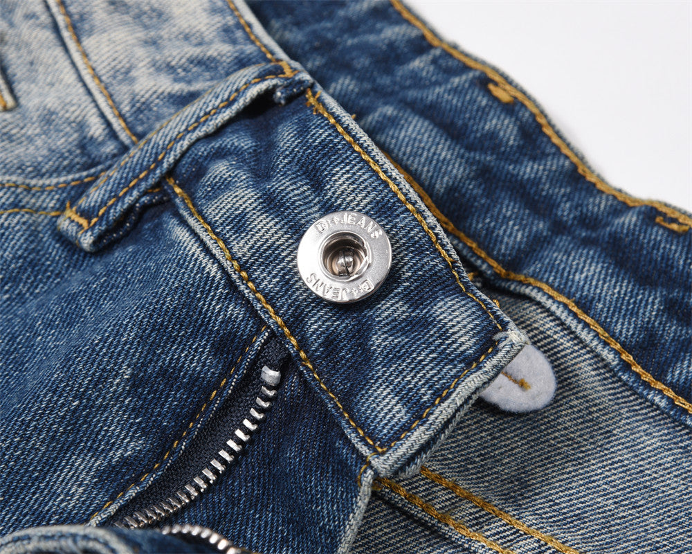 Washed White Pleated Straight Jeans For Men