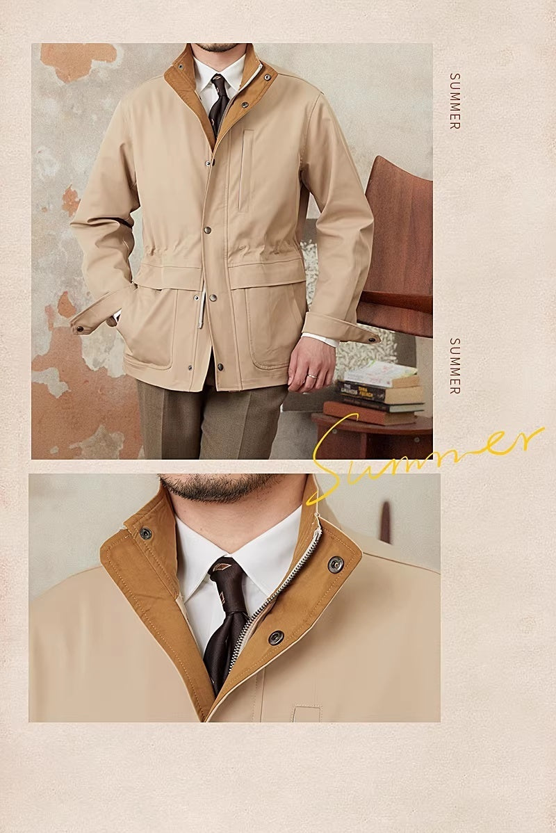 Autumn And Winter Waterproof And Windproof Stand Up Collar Color Blocked Waist Cinched Italian Jacket