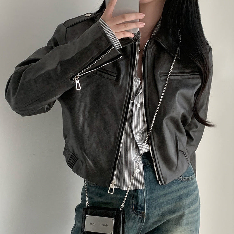 Women's  Lapel Long-sleeved Leather Jacket