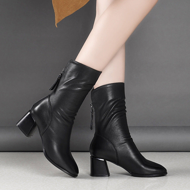 Pointed Thick Heel And Fleece Martin Boots