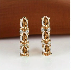 French-Style Light-Luxury Gold Three-Row Oval Diamond Earrings