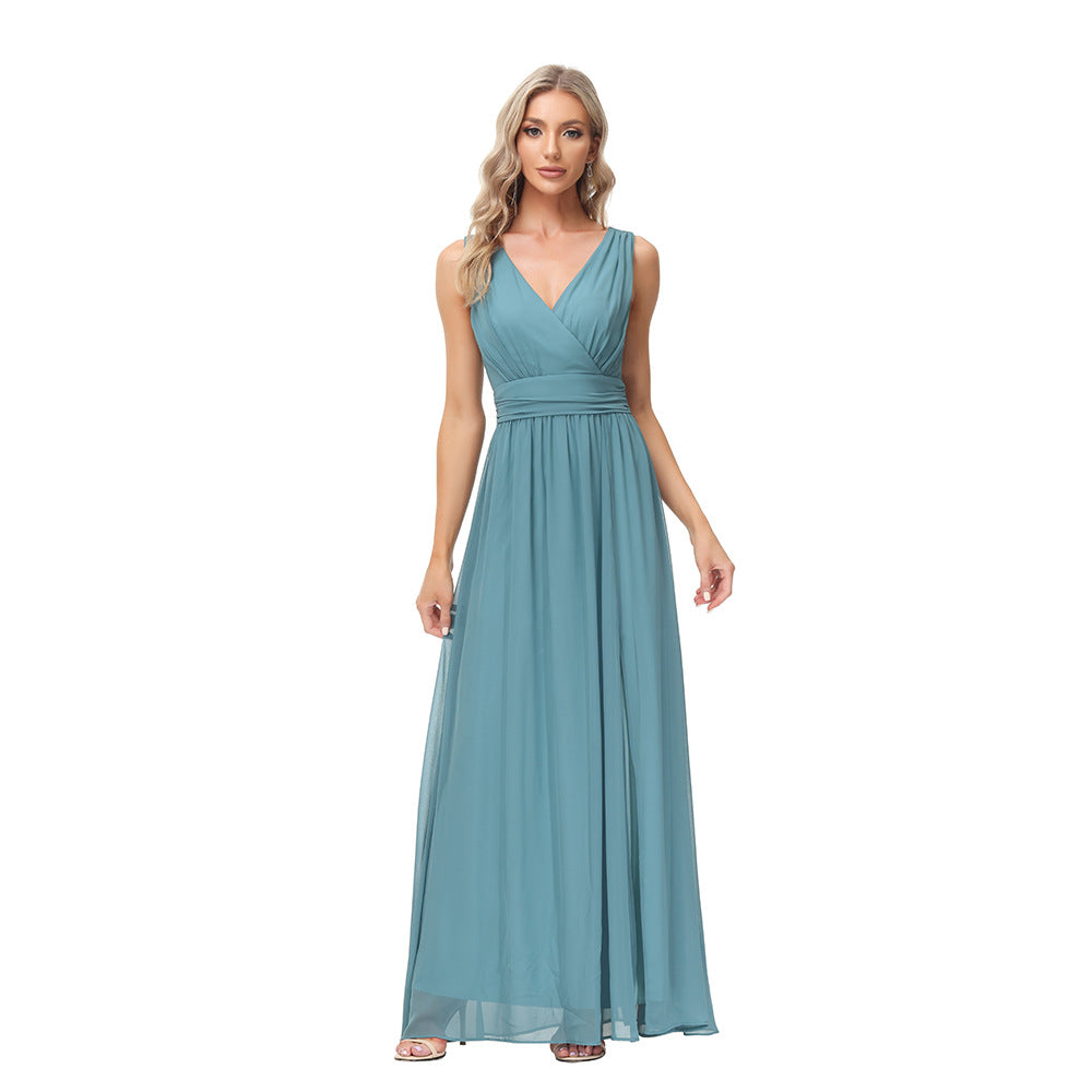 Chiffon Double V-neck Sleeveless A- Line Evening Dress