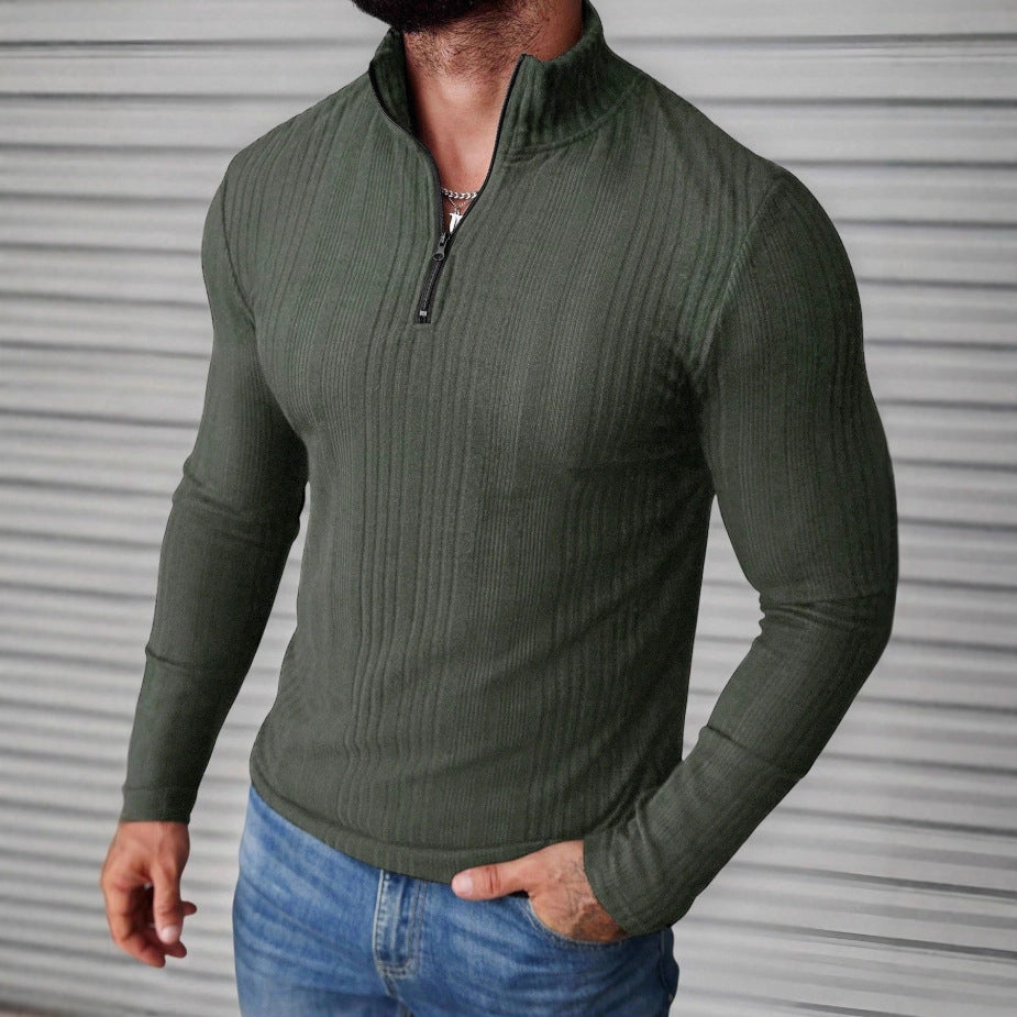 Casual Stand-up Collar Pullover Slim-fit Solid-color Ribbed Long-sleeve Hoodie