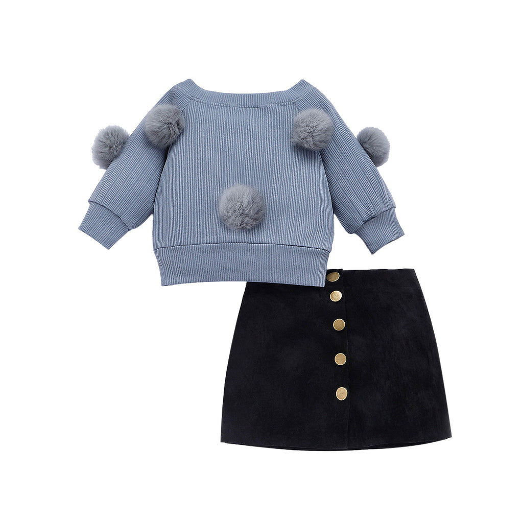 New girls' plush ball pit striped top and skirt two-piece suit