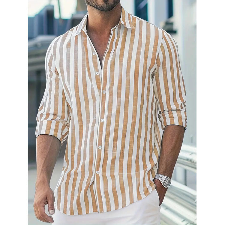 Mens Stylish Long-sleeve Striped Button-down Shirt