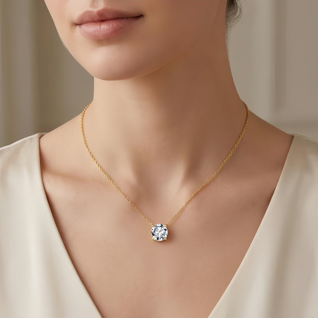 925 Sterling Silver Elegant Gold Chain Necklace with Solitaire CZ Pendant