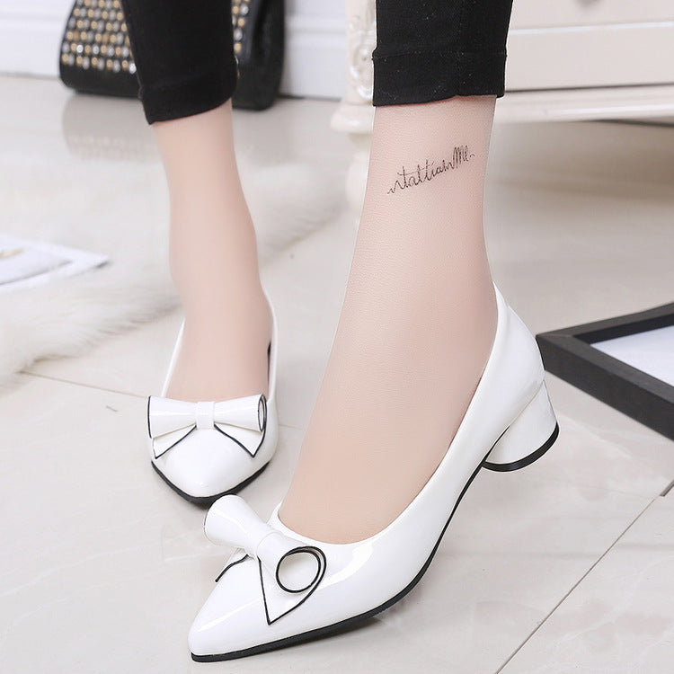 Small Pointed Bow Thick Heel Mid-heel Shoes Shallow Mouth