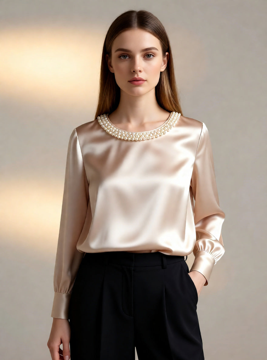 Womens French-style Sophisticated Pearl-collared Satin Blouse