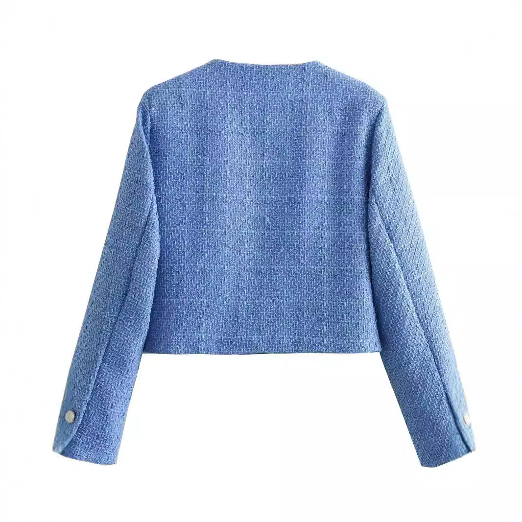Textured Padded-shoulder Crew-neck Long-sleeve Jacket