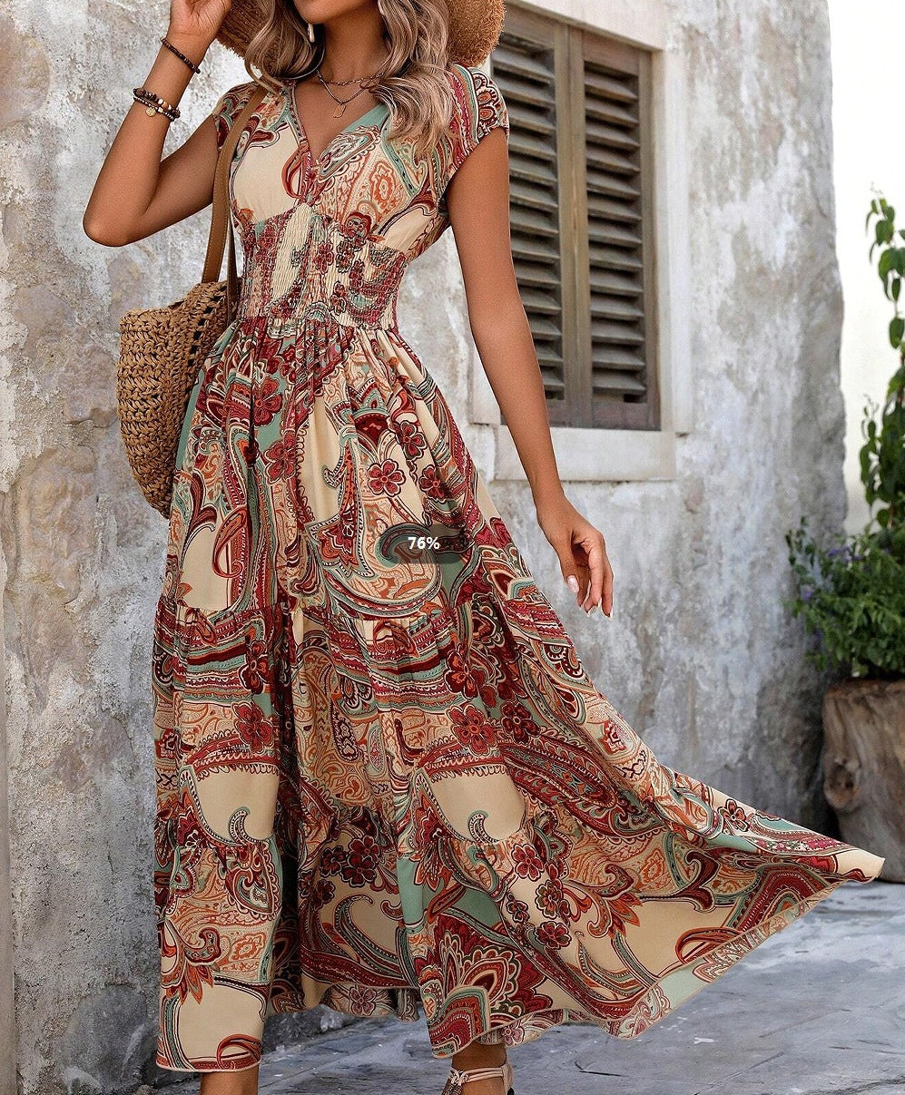 Resort-style Printed Dress For Women Summer V-neck Maxi