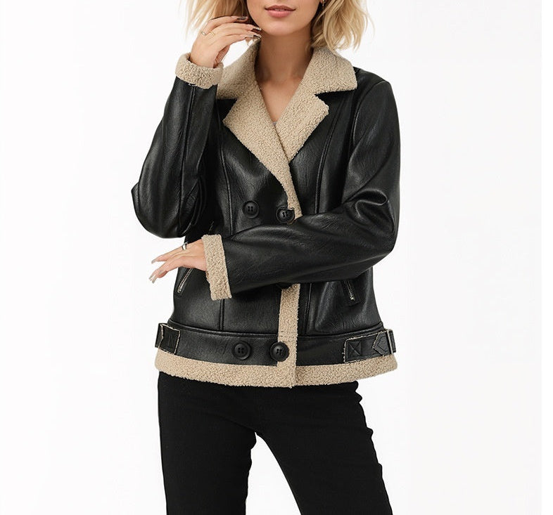 Fleece Padded Women's Leather Coat