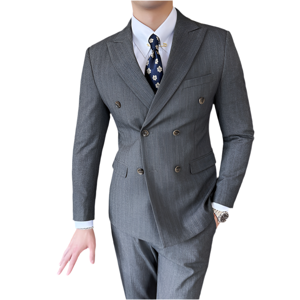 Peak-lapel Coat With Double-breasted Design Textured Stripes And A Three-piece Set