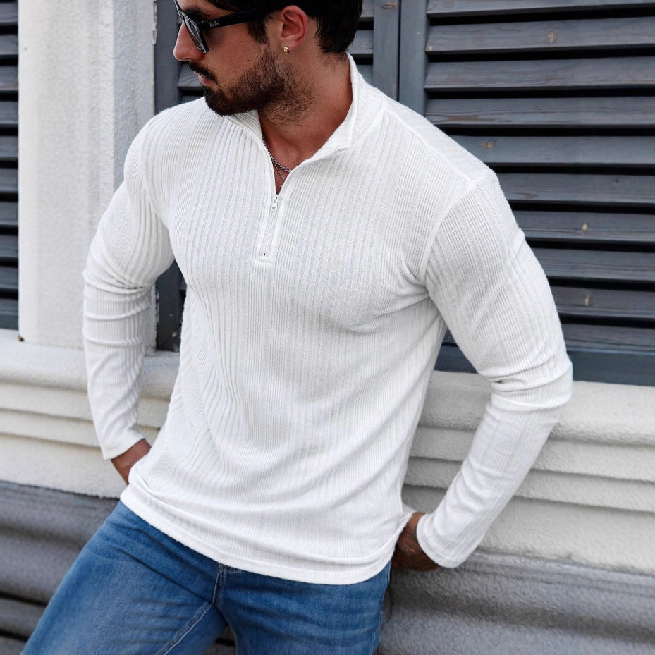Casual Stand-up Collar Pullover Slim-fit Solid-color Ribbed Long-sleeve Hoodie