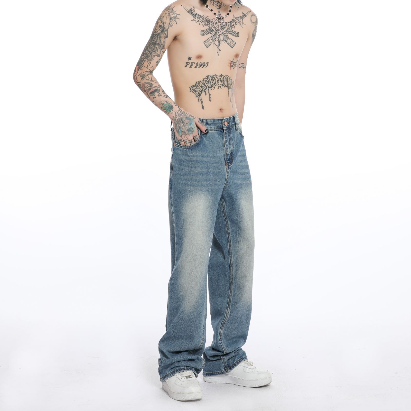 Men's Washed Blue Jeans Straight Bootcut Trousers