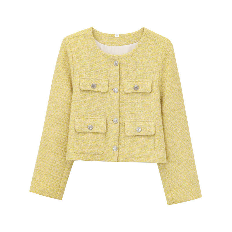 Textured Padded-shoulder Crew-neck Long-sleeve Jacket