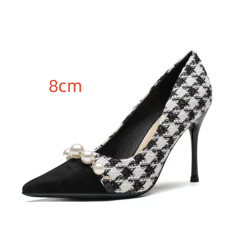 Shallow Mouth Pointed Pearl Chain Plaid Women's Single Shoes