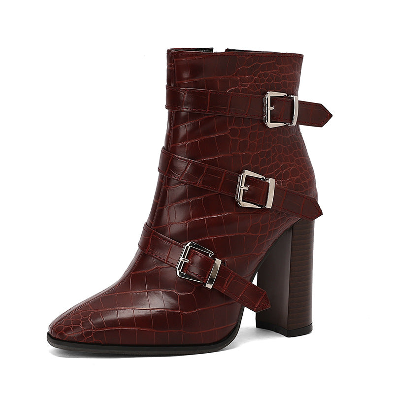 Belt Buckle Booties Thick High-heel Martin Boots