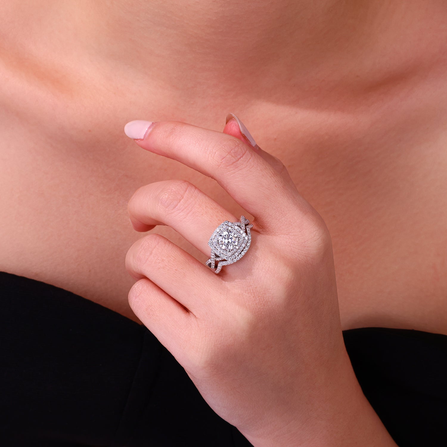 1-carat Moissanite Double Rings Set With Top-quality Moissanite Luxury, Fashionable And Light Luxury Jewelry Silver Ring S925 Silver Plated Platinum