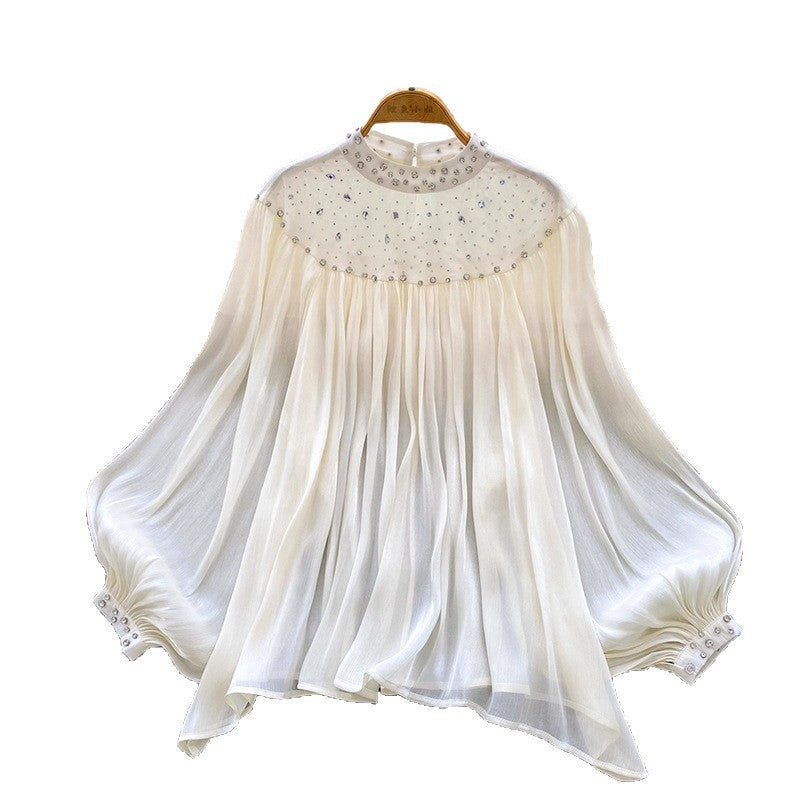 Womens Loose, Casual Rhinestone-embellished Lantern-sleeve Tassel Mesh Top