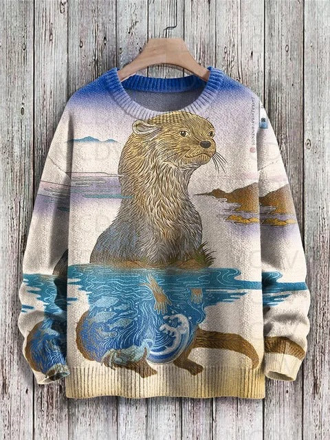 Vintage Japanese-style Painting Cat Art Casual Printed Chunky-knit Crewneck Hoodie For Men And Women