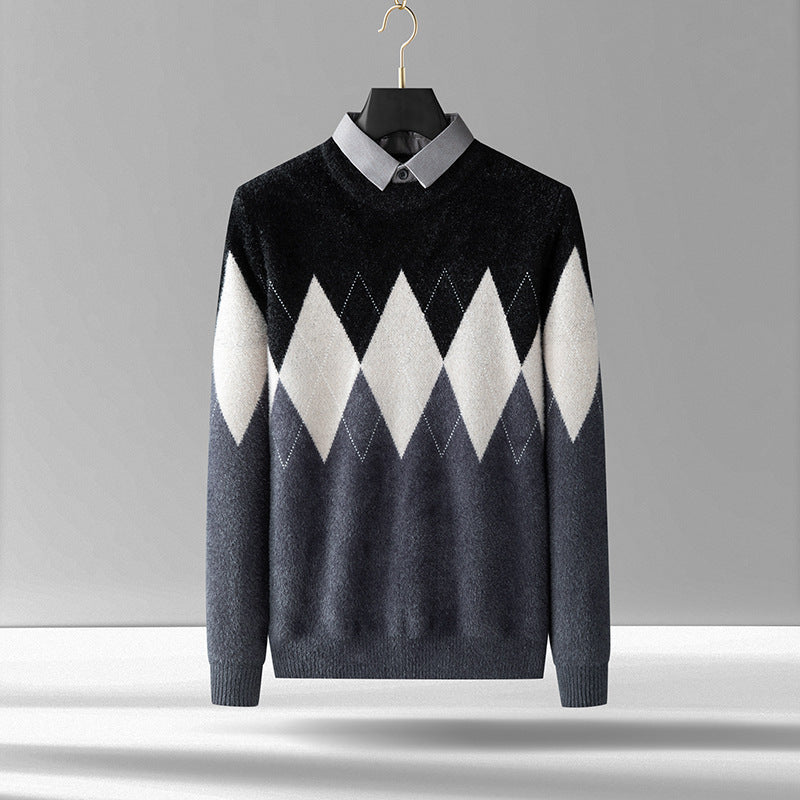 Men's Diamond Block Fake Two-piece Imitation Mink Bottoming Shirt