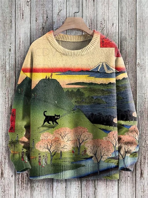 Vintage Japanese-style Painting Cat Art Casual Printed Chunky-knit Crewneck Hoodie For Men And Women
