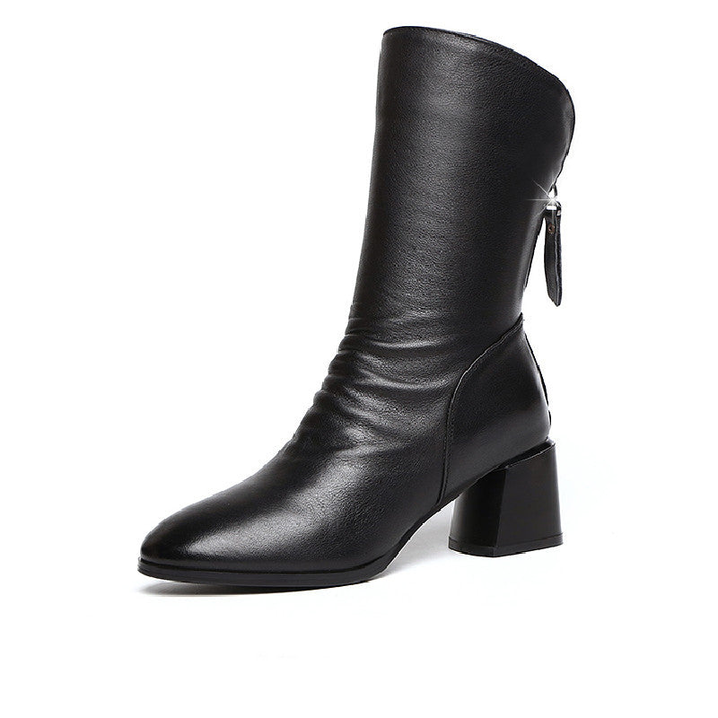 Pointed Thick Heel And Fleece Martin Boots