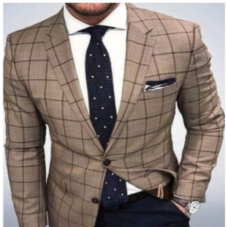 Mens Casual Plaid Slim-fit Suit Jacket