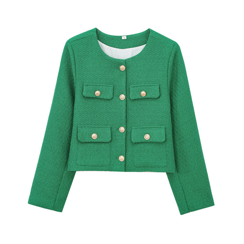 Textured Padded-shoulder Crew-neck Long-sleeve Jacket
