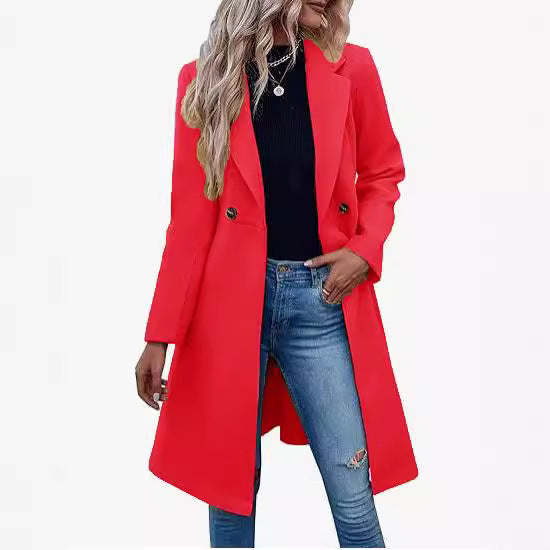 Long Woolen Women's Waist-controlled Lace-up Double Breasted Coat