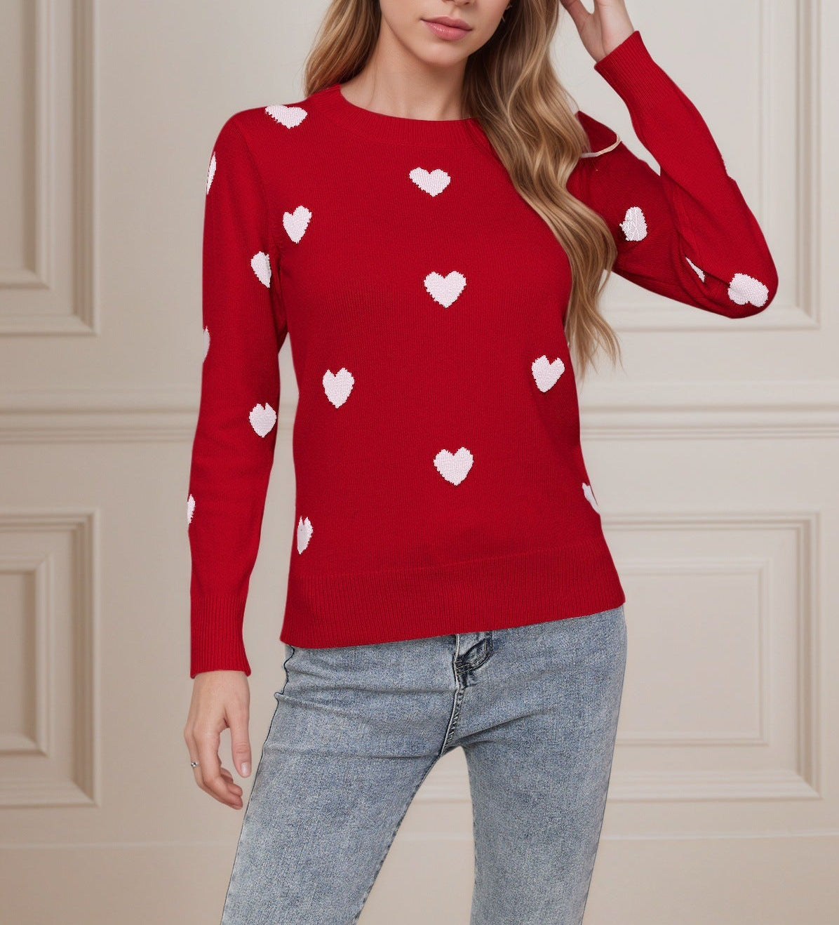 Heart Jacquard Round Neck Pullover Sweater