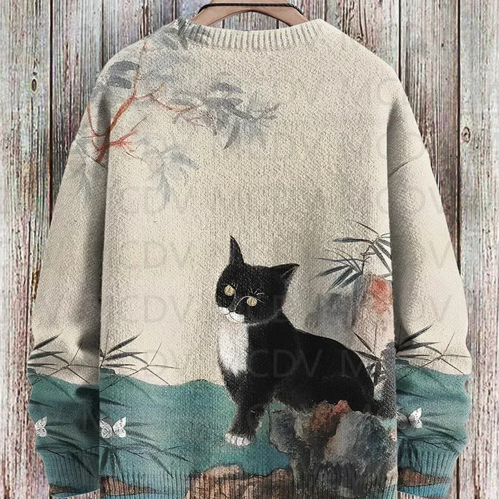 Vintage Japanese-style Painting Cat Art Casual Printed Chunky-knit Crewneck Hoodie For Men And Women