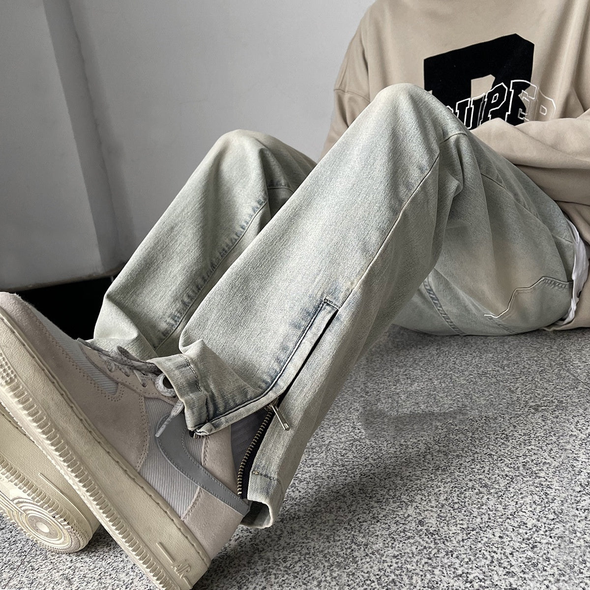 Side Zipper Skinny Jeans For Men Retro Straight-leg Pants