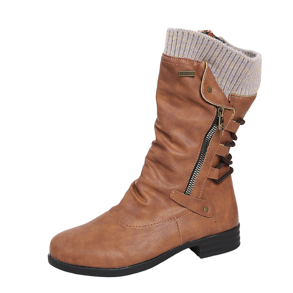 Woolen Edge Round Head Side Zipper Leather Boots