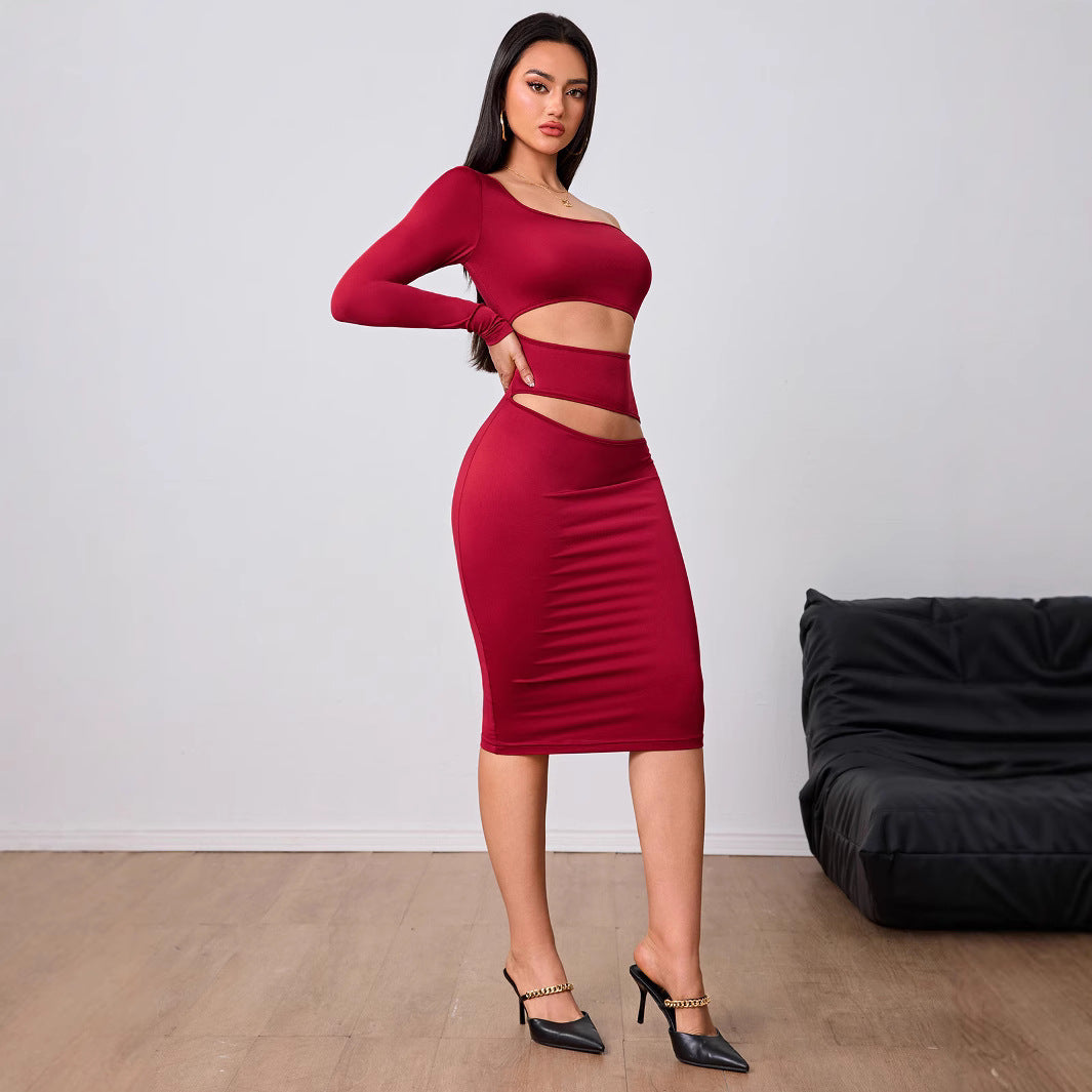 Women's Wine Red Socialite Style Dress New Autumnwinter Single-sleeve Midi Dress