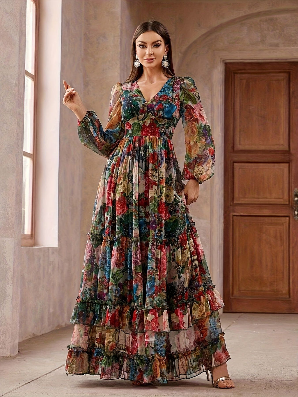 Printed Long-sleeve Puffed-sleeve Belted Maxi Dress