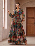 Printed Long-sleeve Puffed-sleeve Belted Maxi Dress