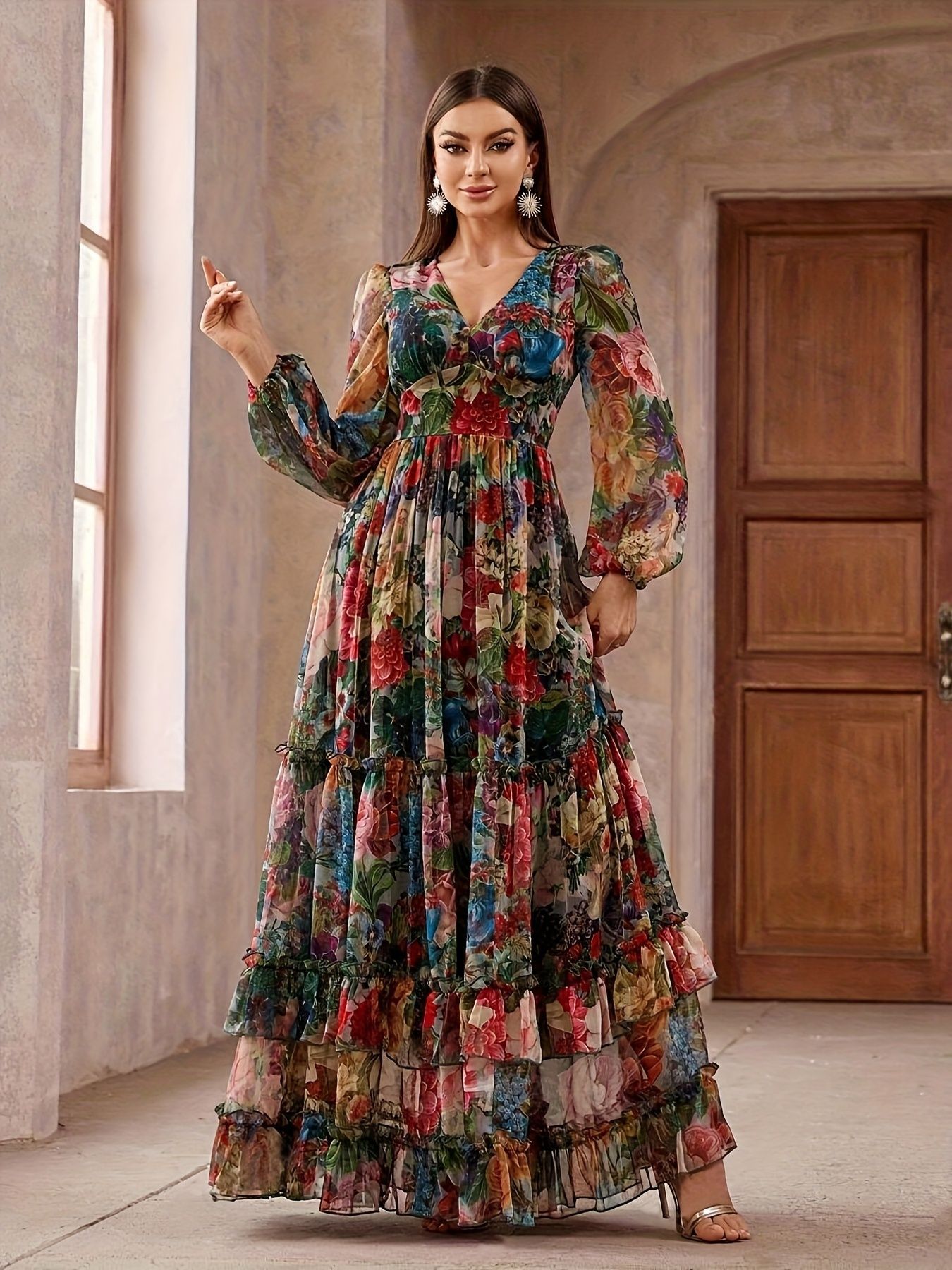Printed Long-sleeve Puffed-sleeve Belted Maxi Dress