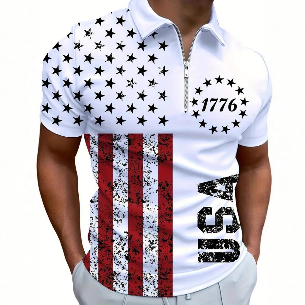 Summer High-End Business Streetwear 3D Digital Print Lapel Mens Zip-Up Polo Shirt