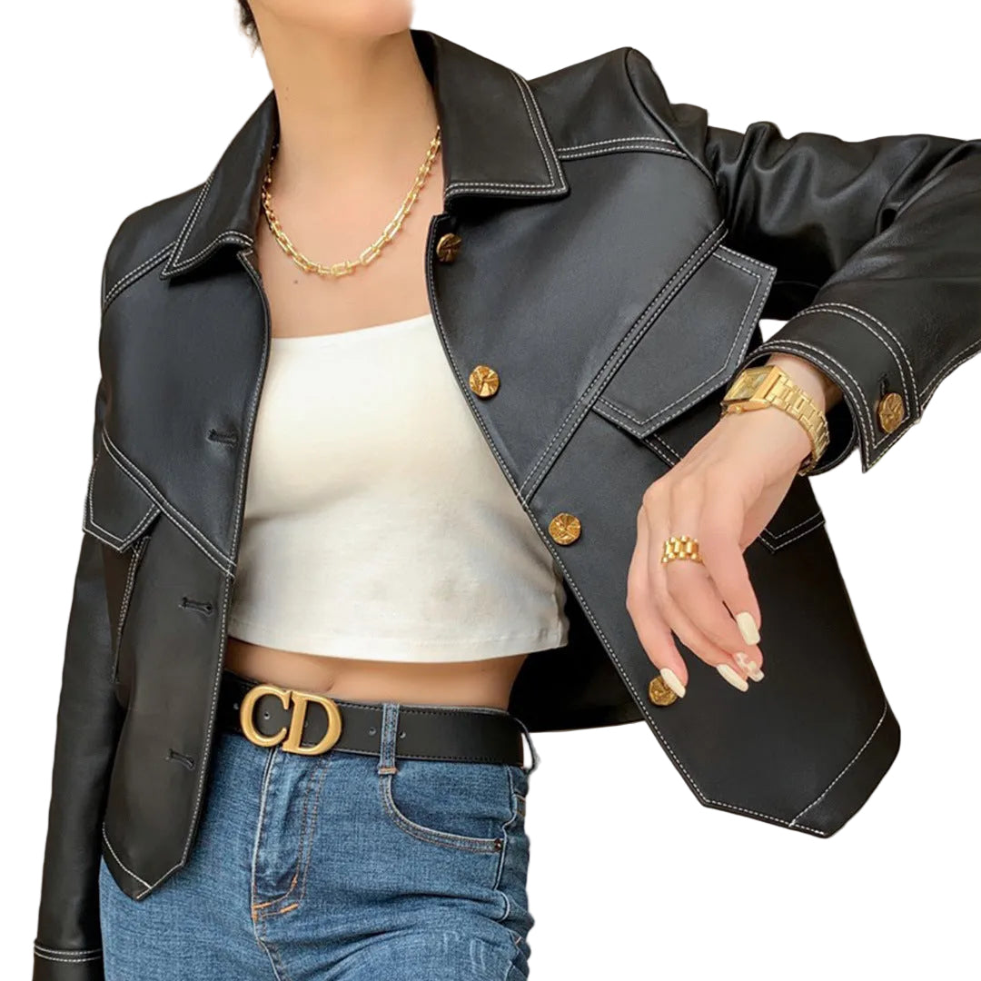 Coat Collar Buckle Leather Women's Short Slim-fitting Biker