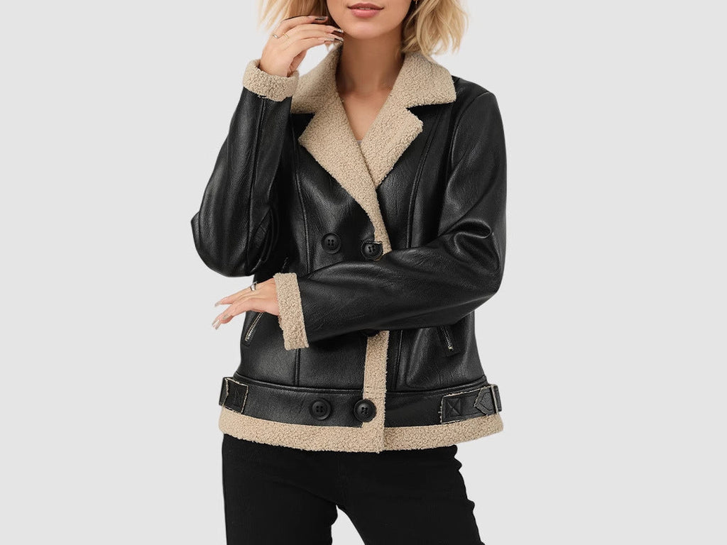 Fleece Padded Women's Leather Coat