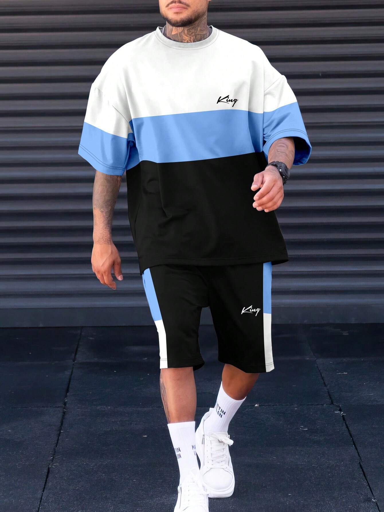 Sports Suit Short Sleeve Color Block Stitching Shorts Suit