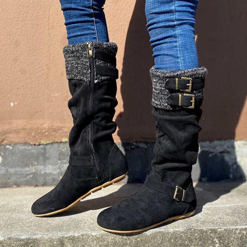 High sleeve wool leather button flat heel Knight boots
