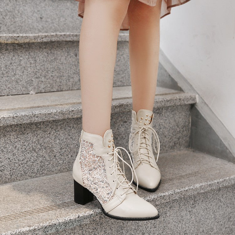 Lace Hollow-out Spliced Heel  Ankle Boots