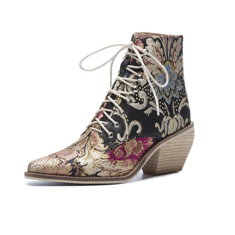 Embroidered Wood-woven Thick-heeled Short Boots
