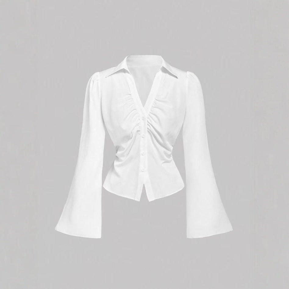 New Pleated Slim Fit Trendy Slimming Shirt Ruffled Flared Sleeve Shirt